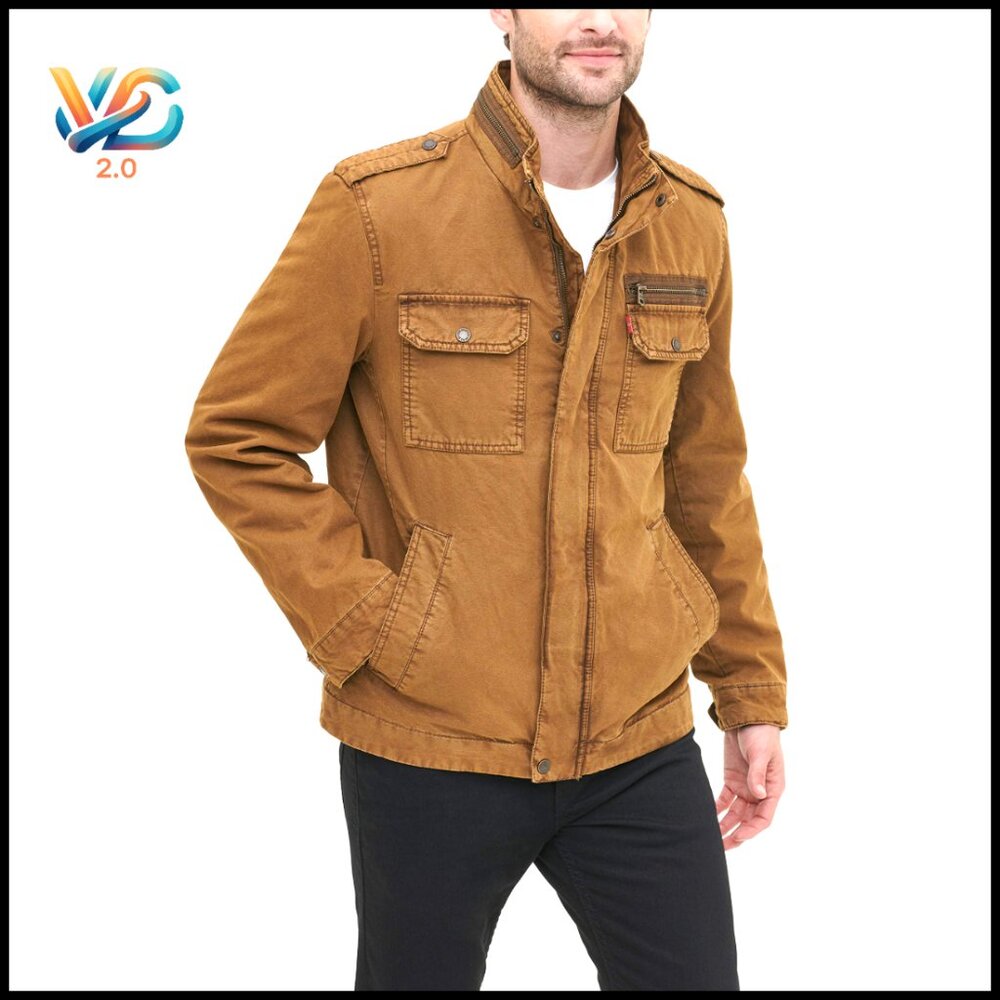 Men's Cotton Military Jacket With Stand Collar & 6 Pockets